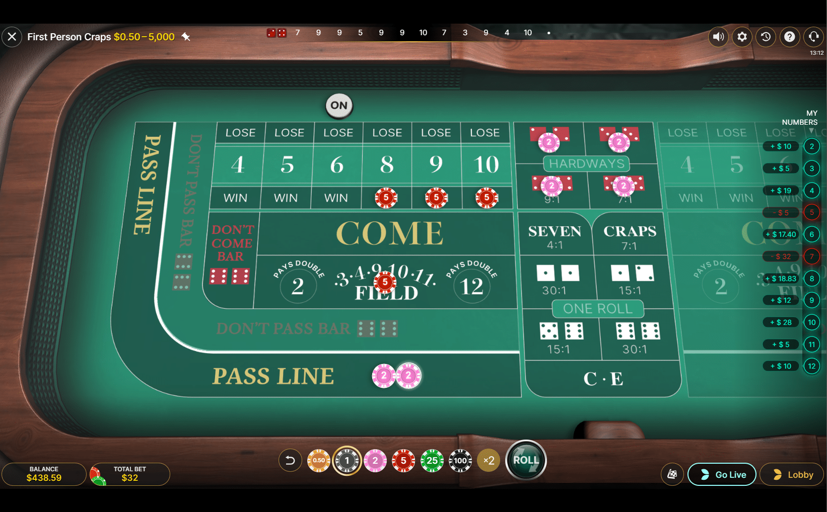 craps table online with pass line and hardway bets