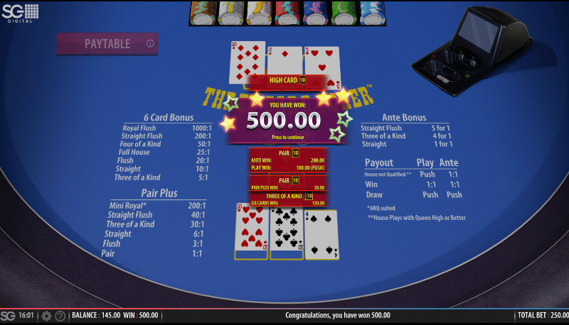 three card poker win