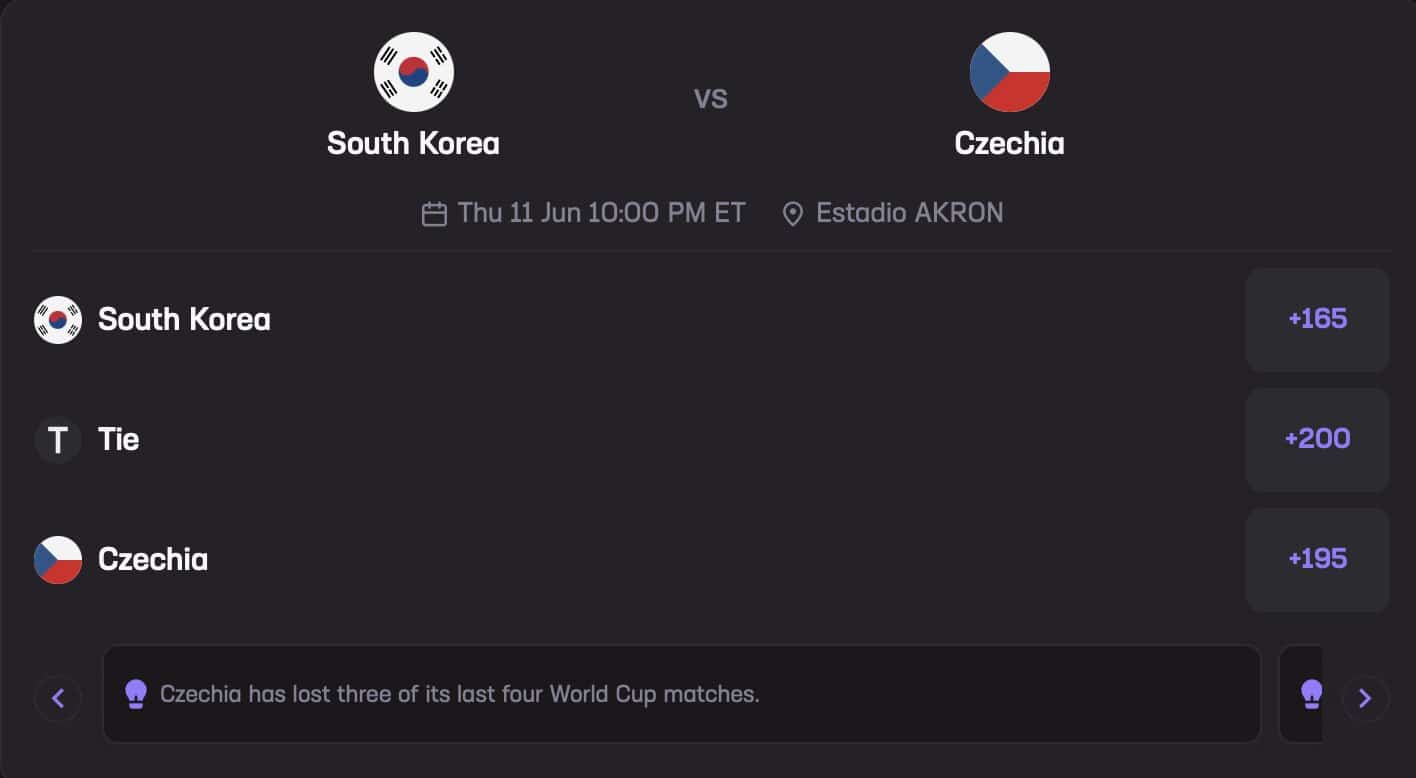 South Korea vs. Czechia June 11 Stats Hub 3-Way Moneyline